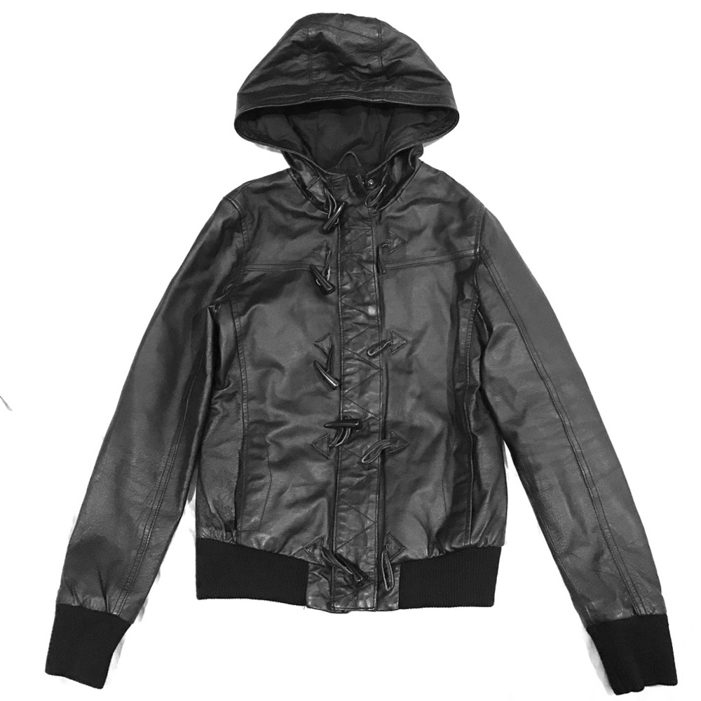 Barney's Originals Black Hooded Leather Bomber Jacket